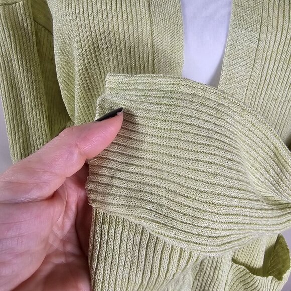 Eileen Fisher Womens Green Organic Linen Cardigan Sz M Open Front Ribbed Beachy - Picture 4 of 7